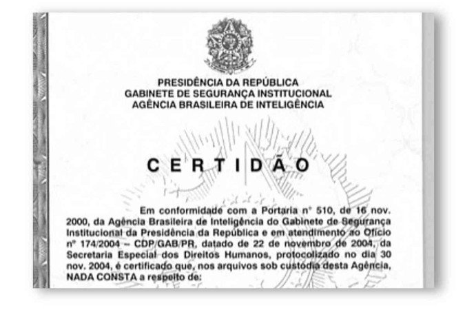 Certidão da Abin de 2004, com 