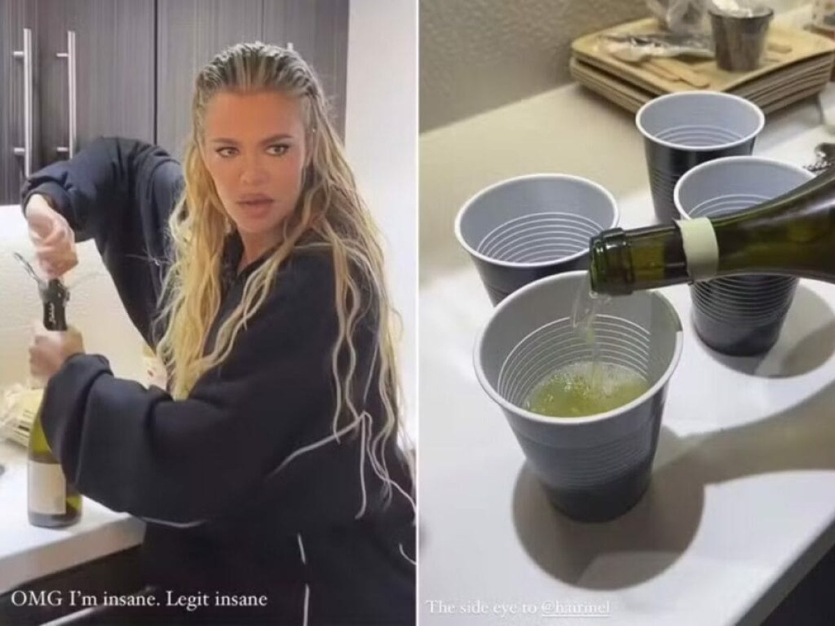 Milionária, Khloé Kardashian toma vinho em copo de plástico com amigas