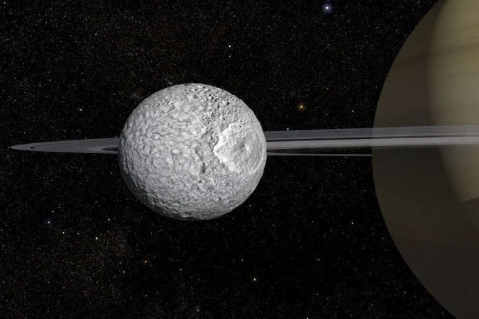 Mimas: oceano escondido na lua gelada de Saturno pode ser propício à vida -  (crédito: Reprodução/ FREDERIC DURILLON / ANIMEA STUDIO | OBSERVATOIRE DE PARIS - PSL, IMCCE / AFP)