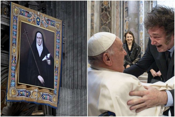 Na visita de Milei ao Papa Francisco, o Vaticano canonizou a primeira santa argentina -  (crédito: FILIPPO MONTEFORTE / AFP e HANDOUT / VATICAN MEDIA / AFP)