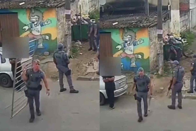 Imagens mostram momento em que policiais reviram uma caçamba de lixo, aparentemente em busca de algum objeto que pudesse quebrar o equipamento -  (crédito: Reprodução/Internet)