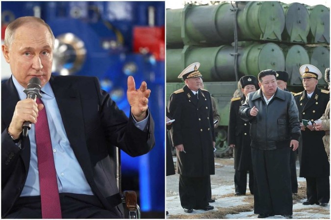 A Coreia do Norte intensificou as relações com a Rússia desde setembro, quando Kim visitou o extremo leste da Rússia para uma reunião com Putin -  (crédito: ALEXANDER RYUMIN / POOL / AFP e STR / KCNA VIA KNS / AFP)