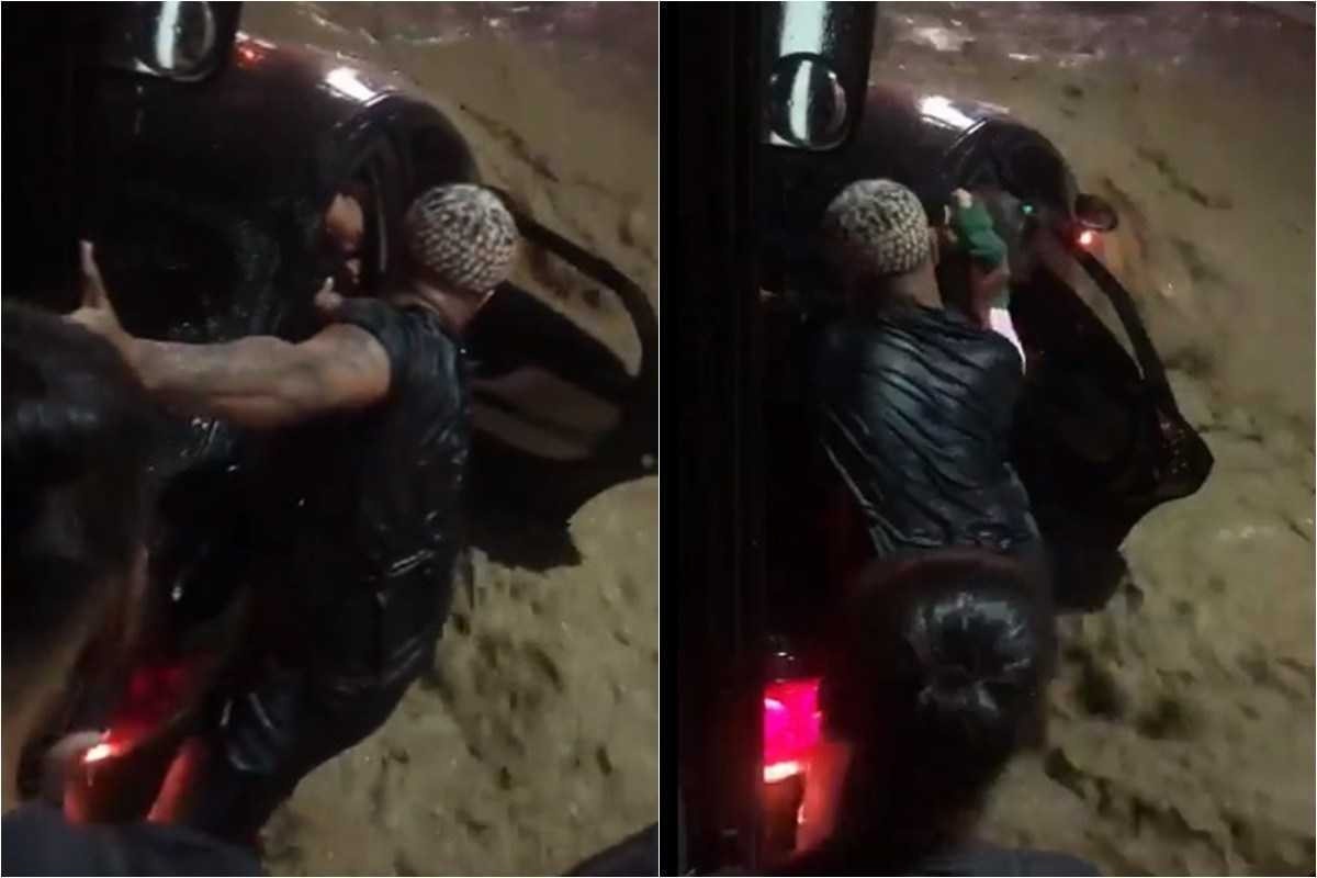 Jovem salva família presa em carro arrastado por enxurrada; veja vídeo