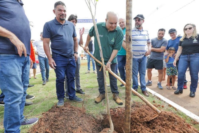 Ibaneis Rocha aproveitou para fazer o plantio de uma muda. O evento aconteceu na Avenida Guará 2 -  (crédito: Renato Alves/ Agência Brasília)