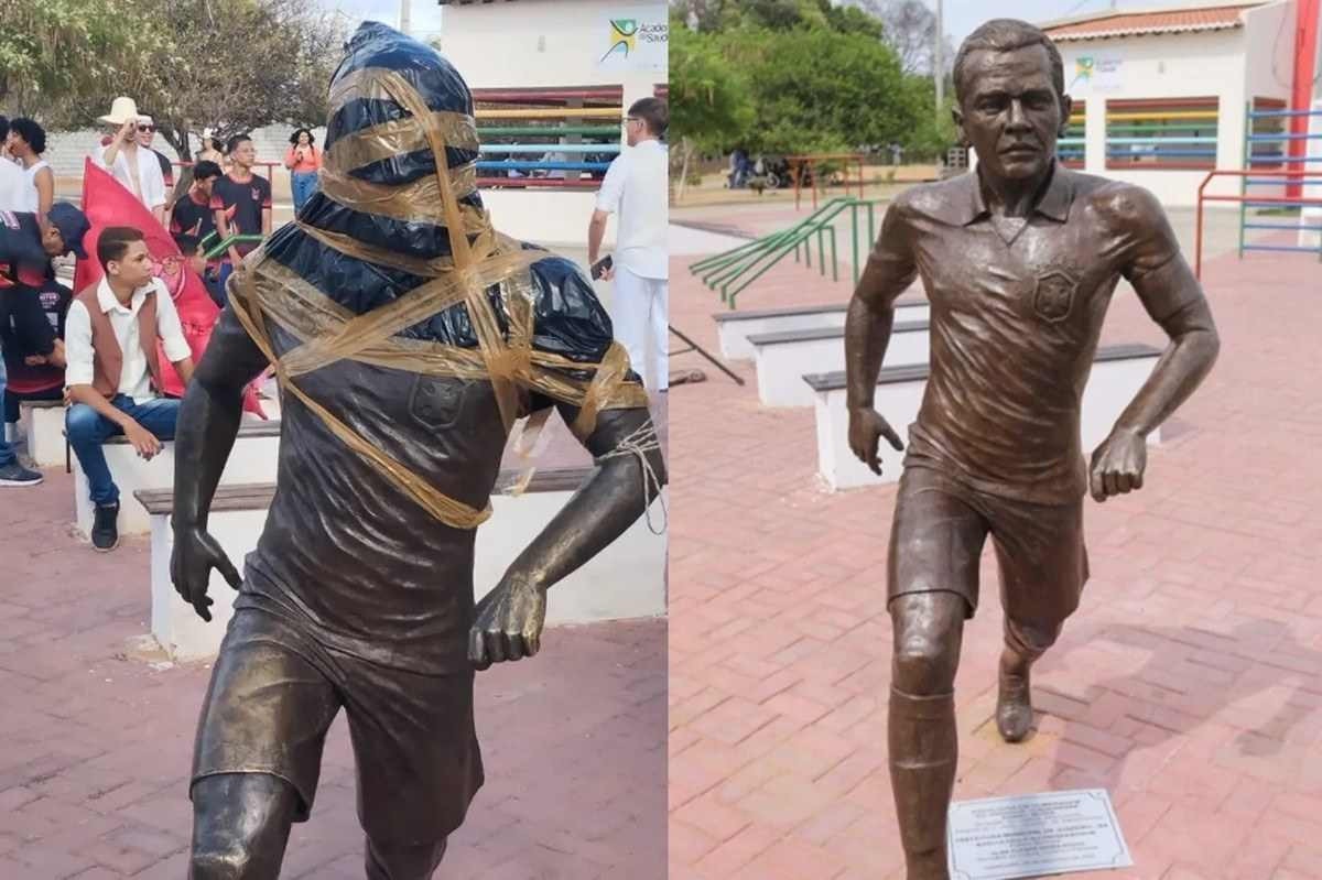 Estátua de Daniel Alves é vandalizada por moradores de Juazeiro