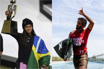 Rayssa Leal e Filipe Toledo são indicados ao Prêmio Laureus pelo 2º ano  -  (crédito: MAURO PIMENTEL/AFP; Aaron Hughes/World Surf League)