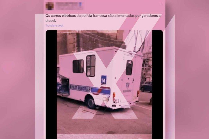 Ao contrário do que afirma um post nas redes sociais, a Polícia francesa não utiliza geradores a diesel para carregar as baterias que movem seus carros elétricos - (crédito: Reprodução/Comprova) Ao contrário do que afirma um post nas redes sociais, a Polícia francesa não utiliza geradores a diesel para carregar as baterias que movem seus carros elétricos - (crédito: Reprodução/Comprova)