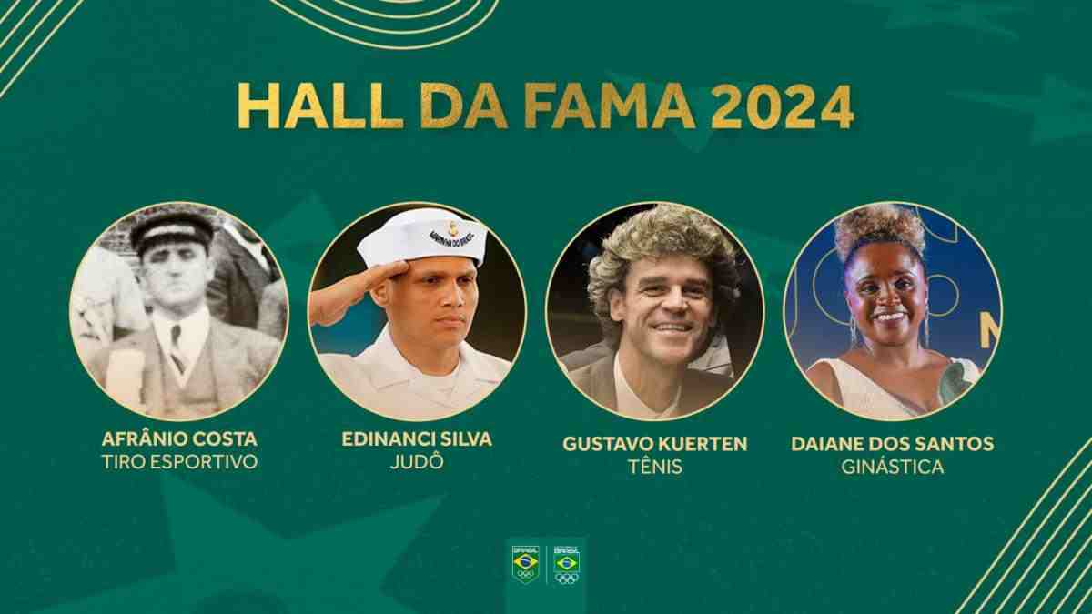 Afrânio Costa (tiro esportivo), Daiane dos Santos (ginástica), Edinanci Silva (judô) e Gustavo Kuerten (tênis) vão entrar no Hall da Fama do COB em 2024 -  (crédito: Divulgação/COB)