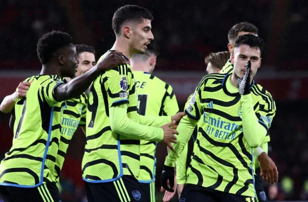 Momento do gol marcado por Gabriel Martinelli na goleada sobre o Sheffield United - Foto: Darren Staples/AFP via Getty Images -  (crédito: Foto: Darren Staples/AFP via Getty Images)