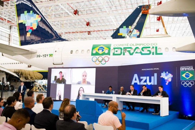 A parceria com o Comitê Olímpico do Brasil foi oficializada na manhã desta quinta-feira no hangar da companhia aérea Azul, em Campinas (SP) -  (crédito:  Divulgacao)