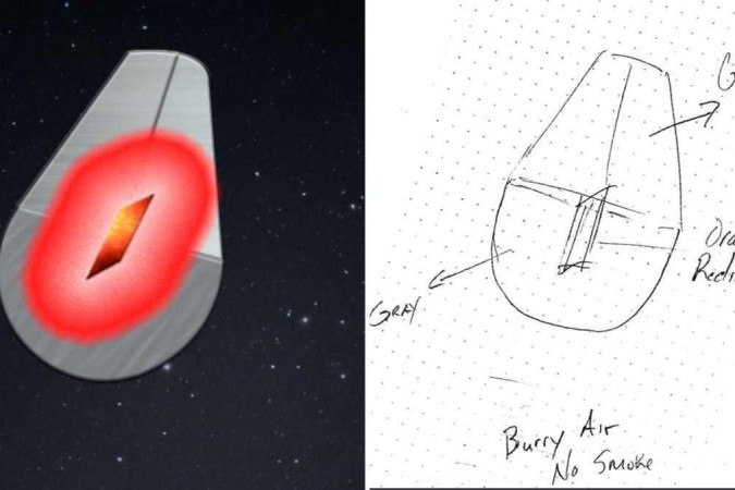 Reprodução gráfica e esboço do objeto voador capturado nas imagens da USAF -  (crédito: Reprodução/x (@RonyVernet))