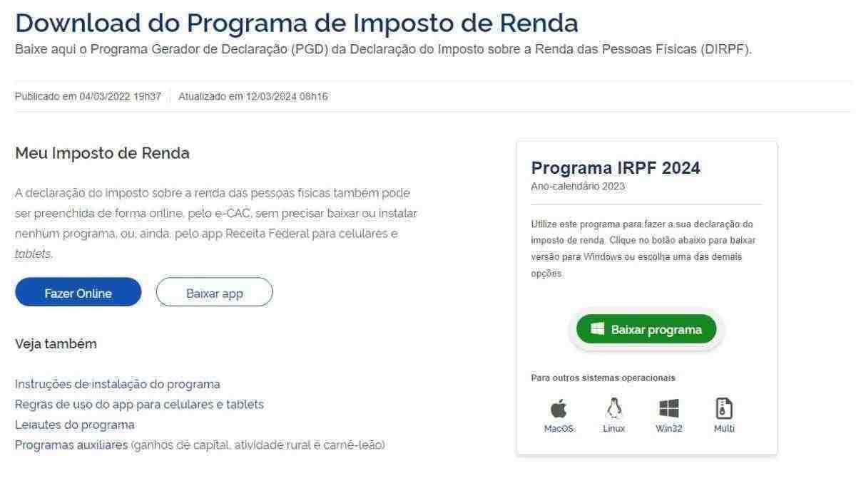 Processo de instalação de programa para a declração do imposto de renda 2024