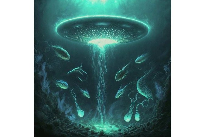 Imagem feita com Inteligência Artificial simula um Objeto submersível não identificado (USO, na sigla em inglês) no fundo do mar -  (crédito: Gemini/Google — Imagem meramente ilustrativa)