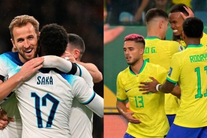 Seleções atuais de Inglaterra e Brasil se enfrentarão neste sábado, em Wembley -  (crédito: Fotos: Robert Atanasovski/AFP via Getty Images e Nelson Almeida/AFP via Getty Images)