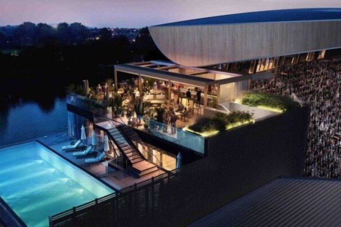 Esboço do restaurante de luxo, na arquibancada Riverside Stand, no estádio do Fulham - (crédito: Foto: Divulgação/Fulham) Esboço do restaurante de luxo, na arquibancada Riverside Stand, no estádio do Fulham - (crédito: Foto: Divulgação/Fulham)