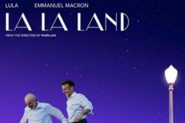 Postagem publicada pelo presidente francês simula o pôster do filme 'La la land' -  (crédito: Reprodução/X/Twitter @meltedvideos)