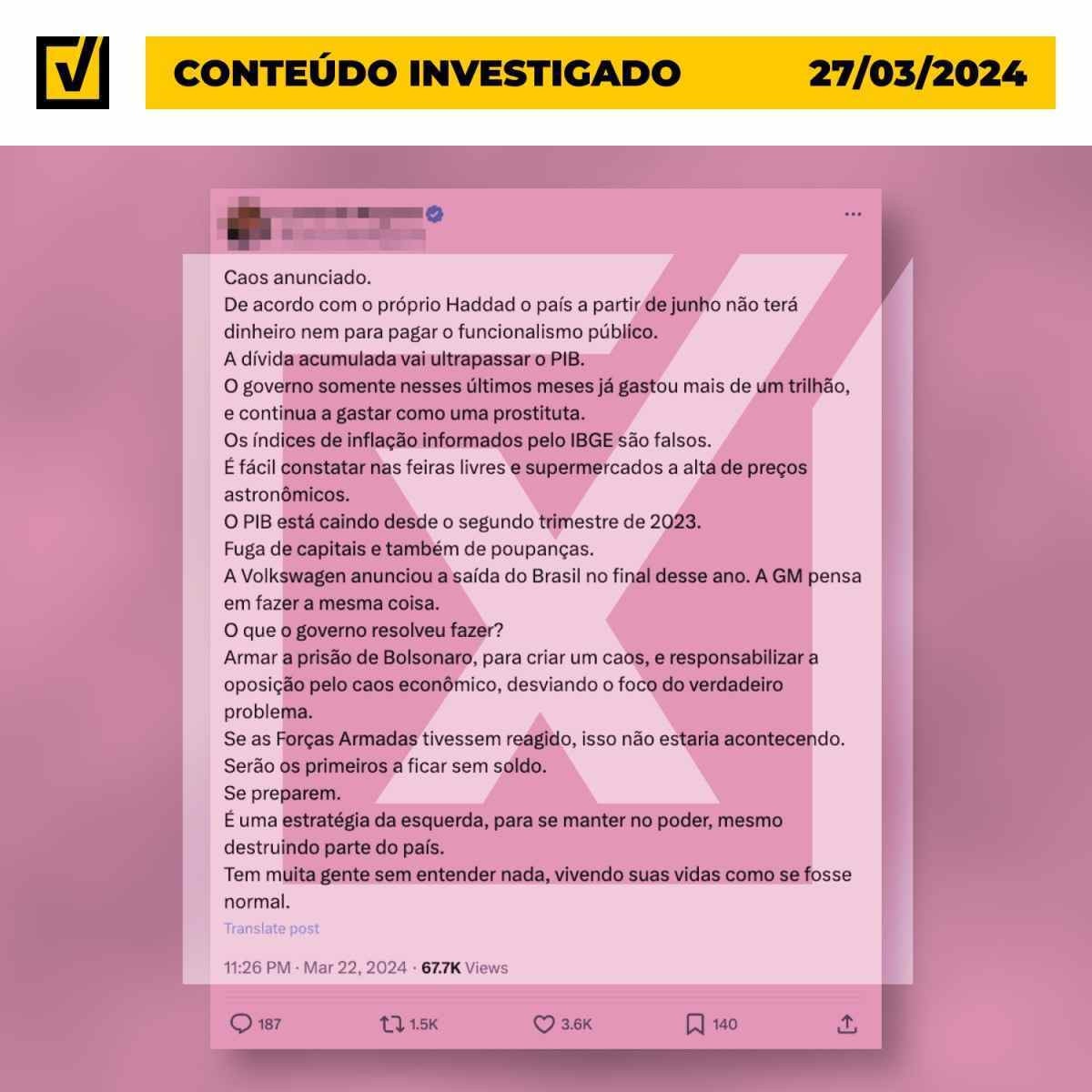 Post usa dados falsos sobre PIB e inflação e inventa fala de Haddad sobre impossibilidade de pagar funcionalismo