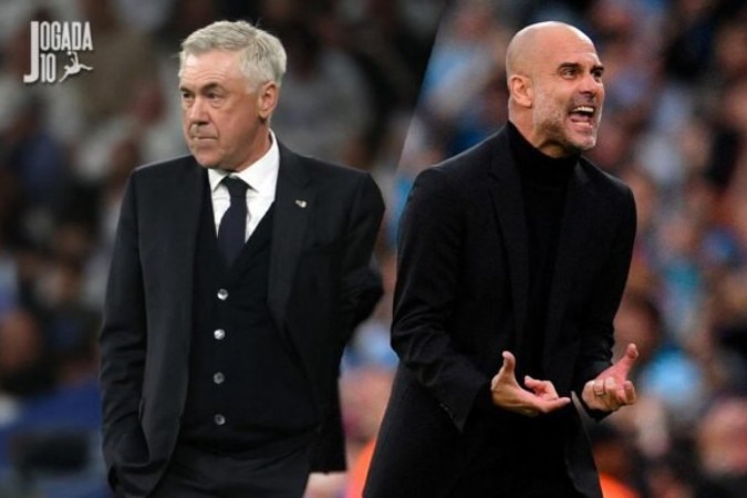 Ancelotti e Guardiola -  (crédito: Foto:  PIERRE-PHILIPPE MARCOU/AFP via Getty Images ; OLI SCARF/AFP via Getty Images)