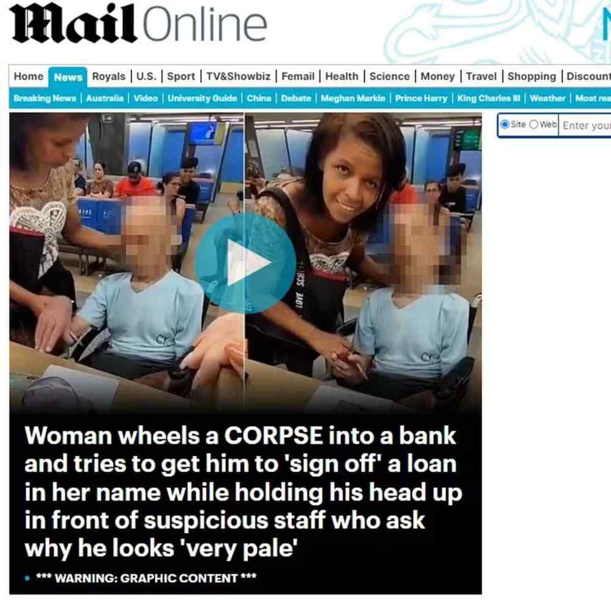 Caso da mulher que levou idoso morto a agência bamcária repercutiu no jornal britânico Mail Online
