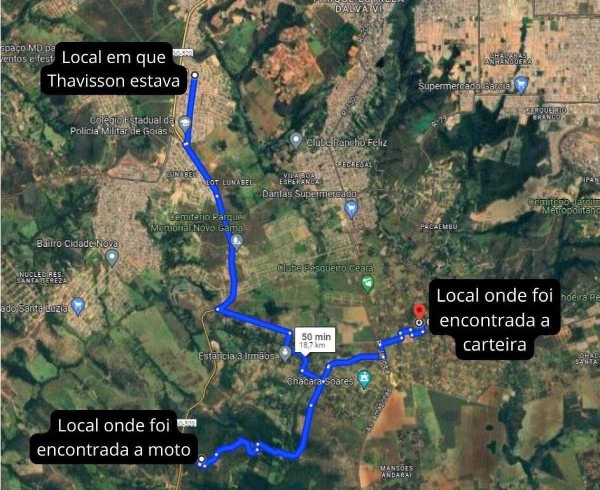 Mapa de desaparecimento do jogador Thavisson Medes