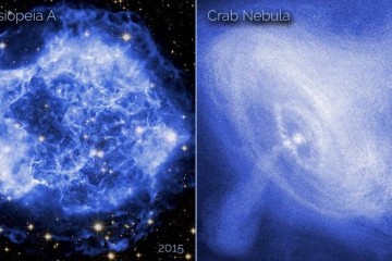 A Nebulosa do Caranguejo resultou de uma brilhante explosão de supernova vista por chineses e outros astrônomos no ano de 1054. Já a Cassiopeia A são os restos de uma supernova que se estima ter explodido há cerca de 340 anos no céu da Terra -  (crédito: Divulgação/Nasa)