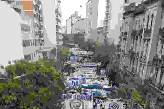  Aerial view of union organizations marching during a May Day (Labor Day) demonstration in Buenos Aires on May 1, 2024. (Photo by Luis ROBAYO / AFP)
      Caption 