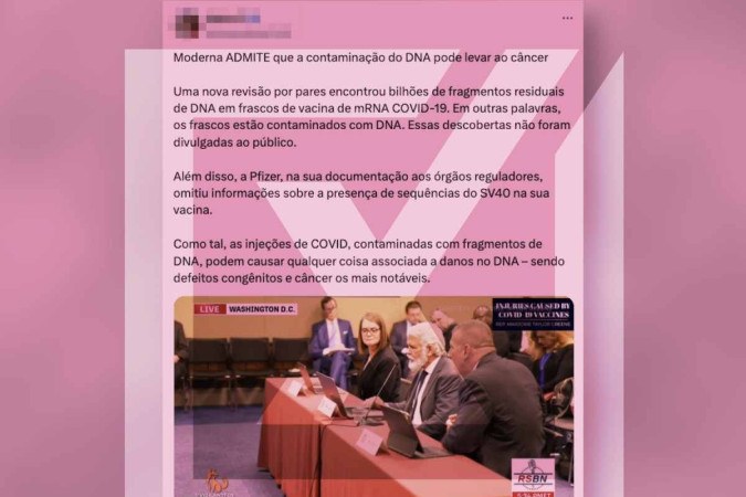 Post viral engana ao afirmar que a farmacêutica Moderna tenha admitido que sua vacina contra a covid-19 possa levar a pessoa imunizada a desenvolver câncer por conta de resíduos de DNA no produto -  (crédito: Reprodução/Comprova)