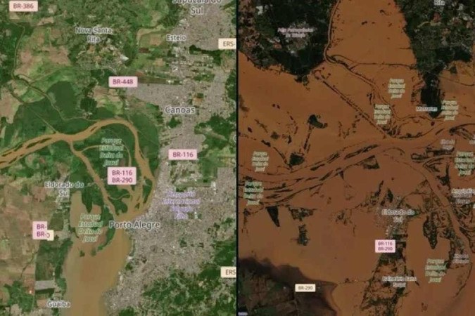 Imagens mostram antes e depois da enchente no estado -  (crédito: Reprodução/Metsul)