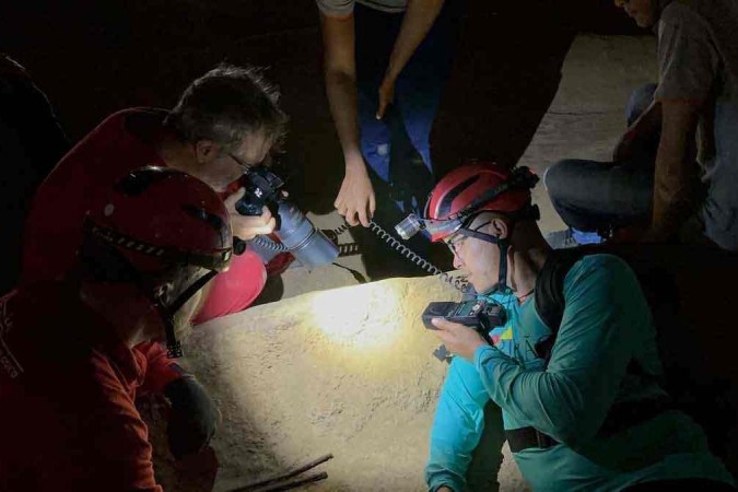 equipe de exploradores fotografa  o raro Eukoenenia maquinensis, encontrado  somente na gruta de cordisburgo -  (crédito: Mateus Parreiras/EM/D.A Press)