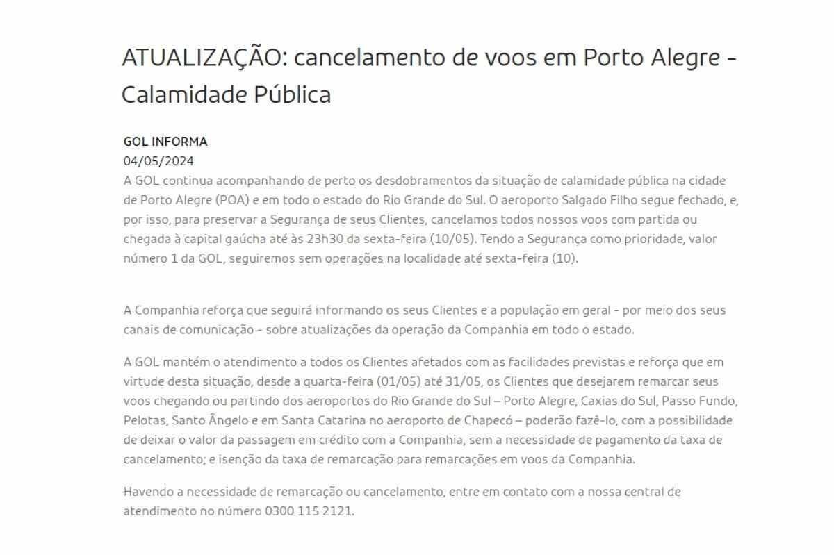 Comunicado da Gol de 4/5/2024 sobre o cancelamento de voos em Porto Alegre