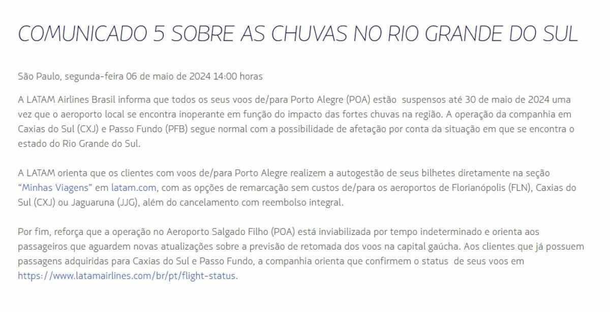 Comunicado da Latam de 6/5/2024 (às 14h) sobre o cancelamento de voos em Porto Alegre