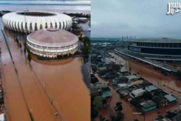 CTs de Inter e Grêmio inundados após as fortes chuvas que atingiram o Rio Grande do Sul -  (crédito: Fotos: Reprodução/Internet)