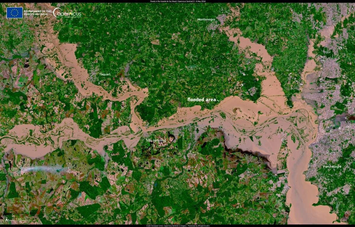 Imagem divulgada pela Agência Espacial Europeia sobre as inundações na Grande Porto Alegre