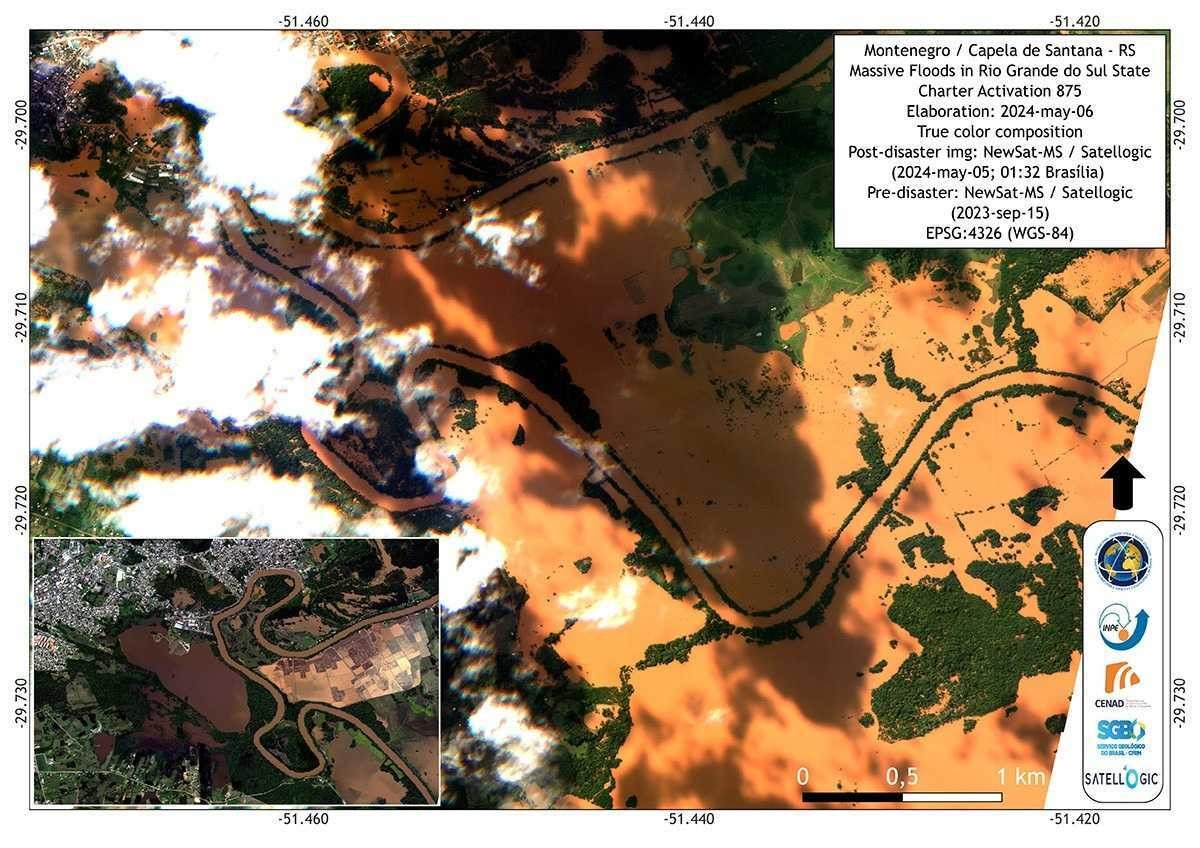 Os mapas utilizam imagens ópticas e dados de radar de múltiplos satélites para estimar a extensão e o impacto da inundação em diferentes áreas.