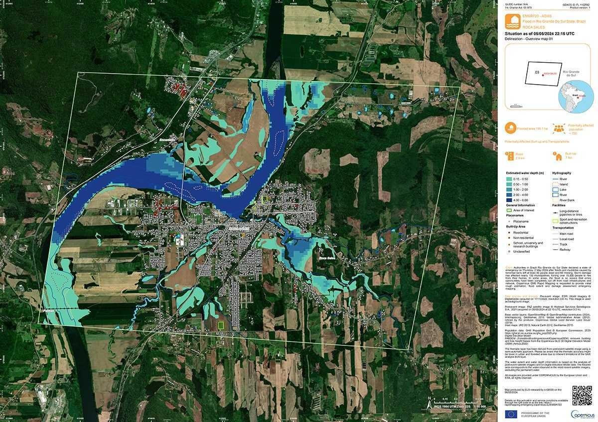 Os mapas utilizam imagens ópticas e dados de radar de múltiplos satélites para estimar a extensão e o impacto da inundação em diferentes áreas.