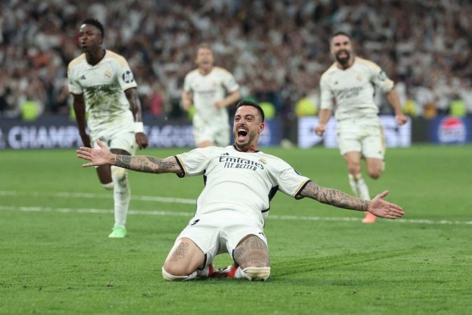 Joselu fez dois gols no fim e foi o herói da virada do Real Madrid contra o Bayern de Munique    -  (crédito: Thomas Coex/AFP)