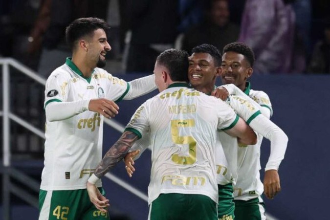  O jogador Luis Guilherme, da SE Palmeiras, comemora seu gol contra a equipe do Independiente Del Valle, durante partida v..lida pela fase de grupos, da Copa Libertadores, no Est..dio Banco Guayquil. (Foto: Cesar Greco/Palmeiras/by Canon)
     -  (crédito:  CESAR GRECO)