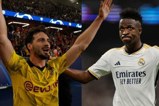 O defensor, Humells, veterano e destaque do Dortmund  e o atacante Vini Jr travarão duelo na final da Champions -  (crédito: Fotos: Odd Andersen/AFP via Getty Images)