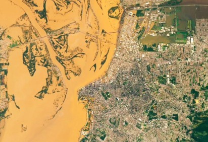 A Agência Espacial dos Estados Unidos (NASA) compartilhou imagens de satélite que revelam a extensão da tragédia causada pelas chuvas no Rio Grande do Sul.  -  (crédito: divulgação/nasa)