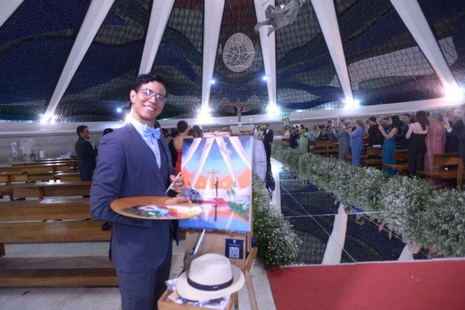  12/05/2024 Credito: Ed Alves/CB/DA.Press. Revista. Novidades nos casamentos - Pintura ao Vivo. Na foto, Pintor Zau. Casamento na Catedral. 