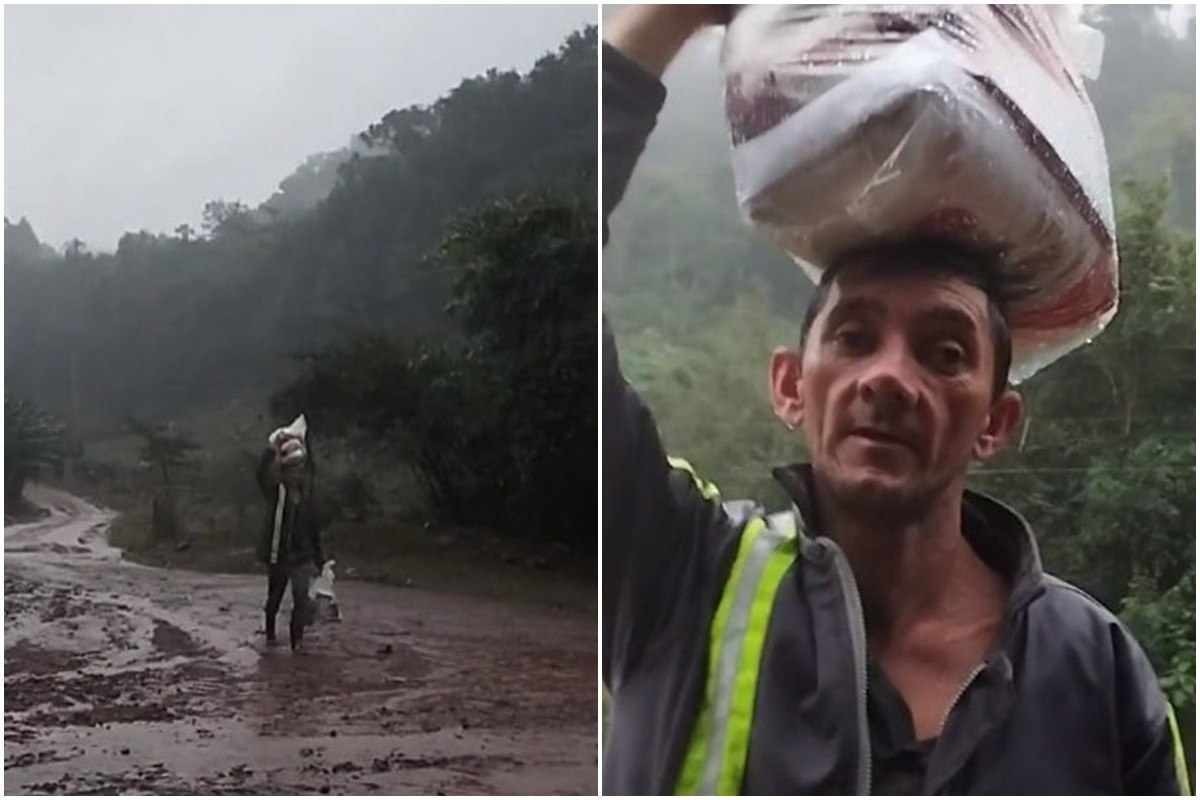 'Orgulho', diz filho ao ver pai chegando embaixo de chuva com cesta básica no RS