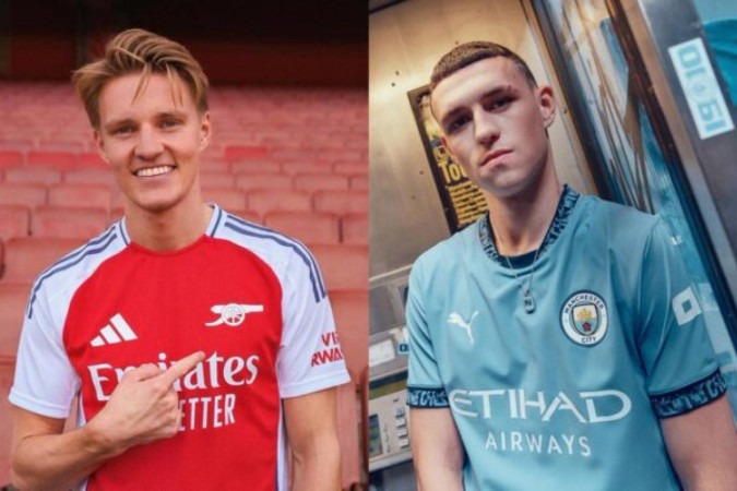 Odegaard, do Arsenal, e Phil Foden, do City, posam com novos modelos - Fotos: Divulgação -  (crédito: Divulgação)