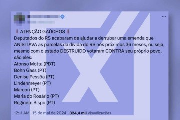 Postagem acusa parlamentares do Rio Grande do Sul de votarem 'contra o seu próprio povo' por terem se posicionado contra a anistia de parcelas de dívidas com a União por três anos -  (crédito: Reprodução/Comprova)