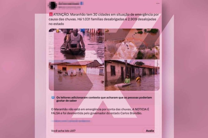 Post utiliza imagens antigas de enchentes registradas em 2018 e 2023 no Maranhão como se fossem atuais e que não condizem com a atual situação dos alagamentos causados pela chuva no estado -  (crédito: Reprodução/Comprova)