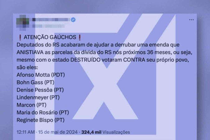 Postagem acusa parlamentares do Rio Grande do Sul de votarem 