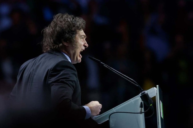  Argentina's president Javier Milei delivers a speech on stage during the Spanish far-right wing party Vox's rally 