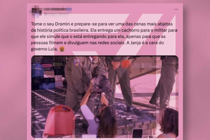 Publicação engana ao dizer que a primeira-dama, Janja Lula da Silva, pediu que um militar da FAB entregasse nas mãos dela um cachorro para que a cena viralizasse nas redes sociais -  (crédito: Reprodução/Comprova)