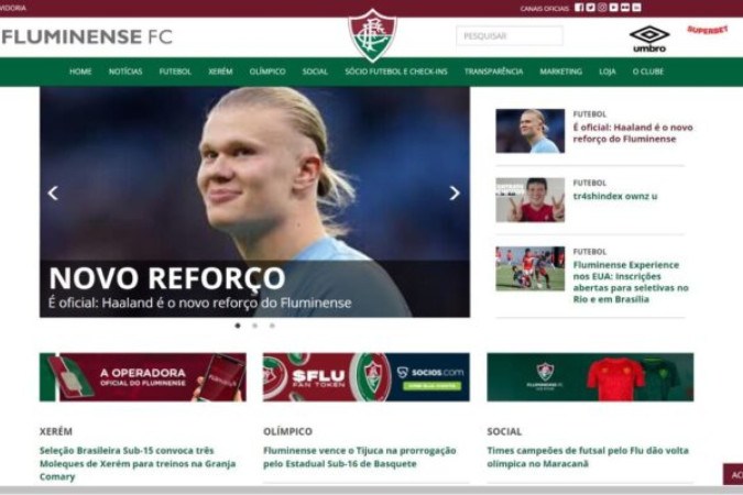 Site do Fluminense com Haaland como 'reforço' -  (crédito: Foto: Reprodução)