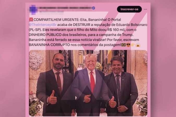 Publicação afirma que o site Intercept publicou a denúncia de que o deputado Eduardo Bolsonaro doou R$ 160 mil em dinheiro público para a campanha de Donald Trump -  (crédito: Reprodução/Comprova)
