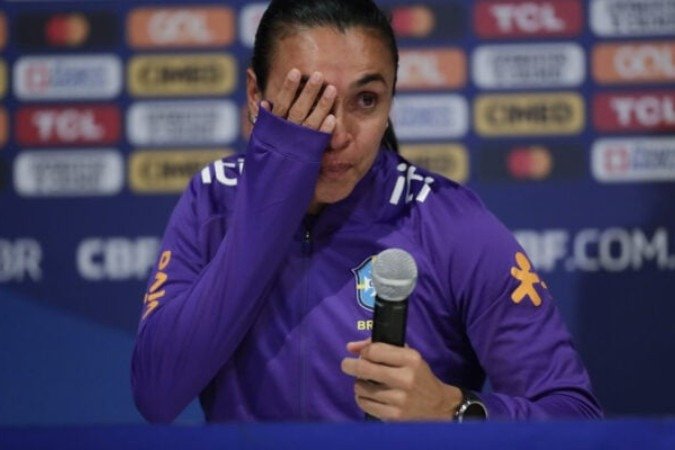 Marta durante a coletiva  -  (crédito: Foto: Lívia Villas Boas / CBF)